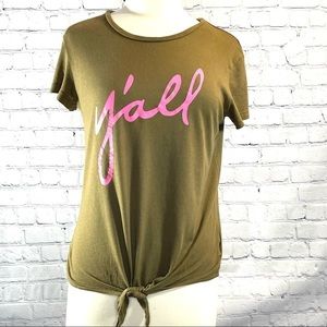 Express Army Green Tie Front Tee Short Sleeve Top “Y’All” Print Size Womens M